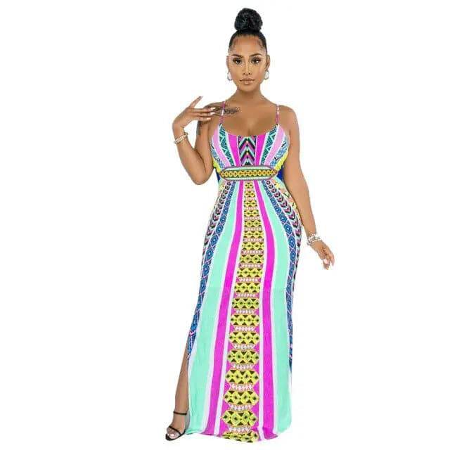 Summer Women Bohemian Long Maxi Dresses Geometric Print Spaghetti Strap Cleavage Beach Sexy Side Split Elegant Dresses Vestidos - TheWellBeing4All