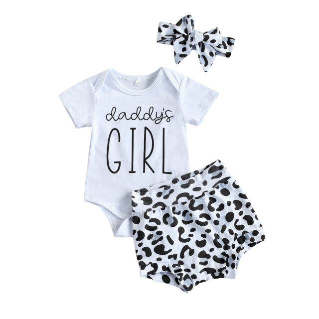 Toddler Baby Girls Clothes Sets Leopard Print Short Sleeve Romper Tops Bow Shorts Headband 3pcs Outfit Set - TheWellBeing4All