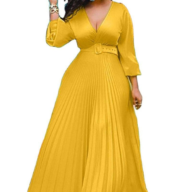 Pleated Dress Long Sleeve High Waist Elegant Chiffon Vintage Dress - TheWellBeing4All