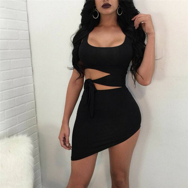 Women Sexy O-neck Hypotenuse Dress Hollow Out High Waist Package Hip Dress - TheWellBeing4All