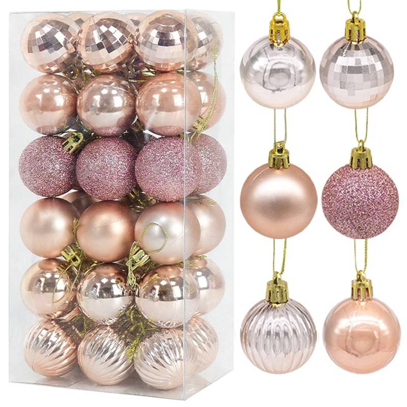 Box Rose Gold Plastic Christmas Balls Ornament 4cm Hang Pendant Ball Indoor New Year Xmas Tree Decor - TheWellBeing4All