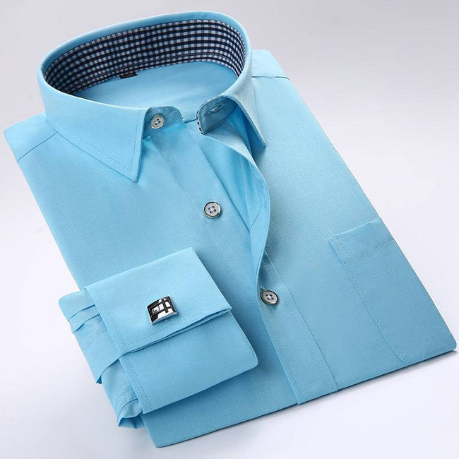 French Cufflinks Shirt Long Sleeve Slim Fit Button Cuff Men Dress Shirts - TheWellBeing4All