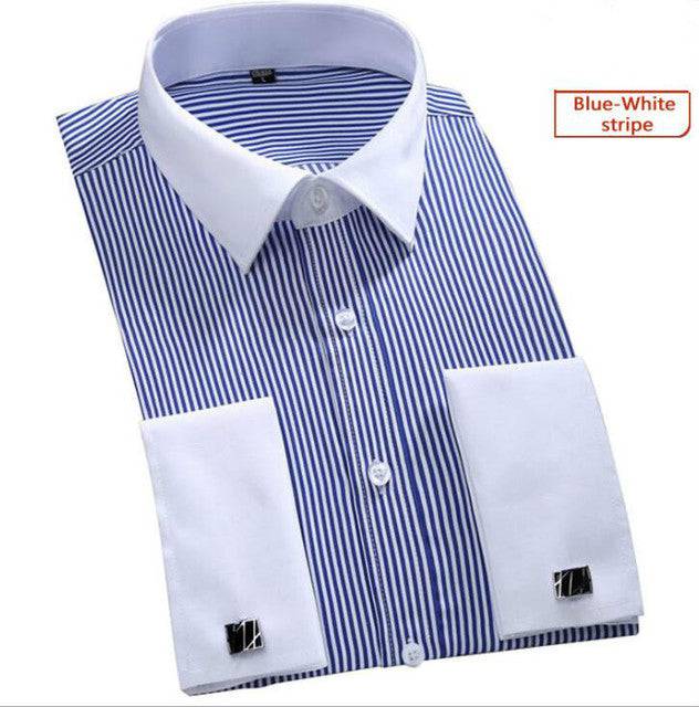 French Cufflinks Shirt Long Sleeve Slim Fit Button Cuff Men Dress Shirts - TheWellBeing4All