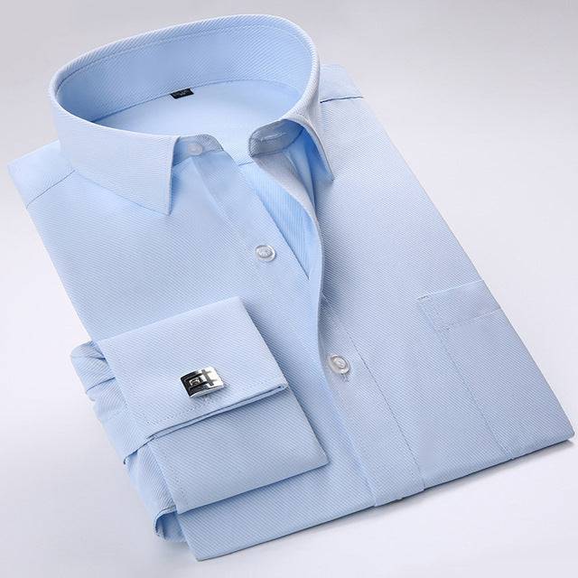 French Cufflinks Shirt Long Sleeve Slim Fit Button Cuff Men Dress Shirts - TheWellBeing4All