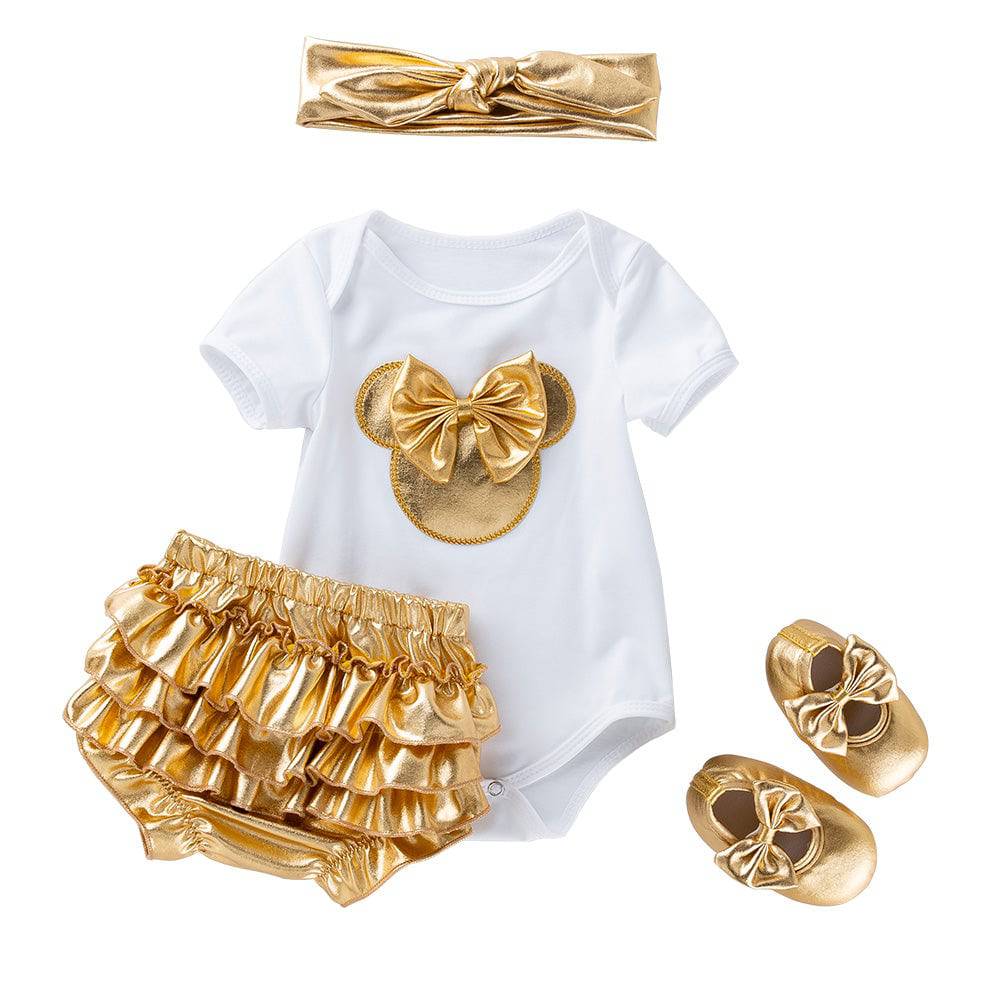 Baby Girl Clothes White Cotton Rompers and Golden Ruffles Baby Girls. Shoes Headband Newborn Sets - TheWellBeing4All