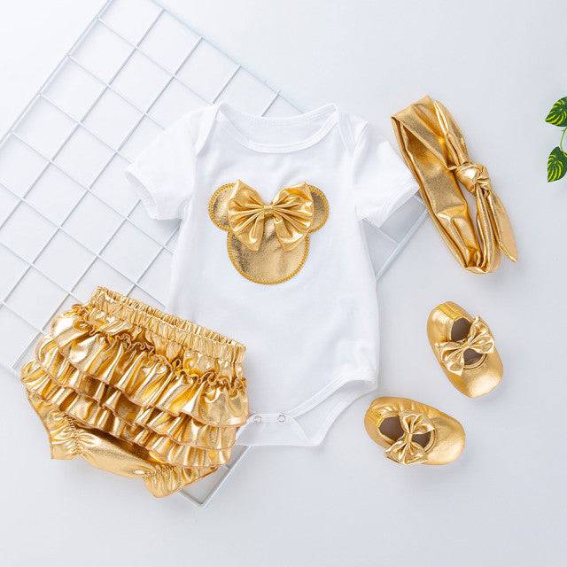 Baby Girl Clothes White Cotton Rompers and Golden Ruffles Baby Girls. Shoes Headband Newborn Sets - TheWellBeing4All
