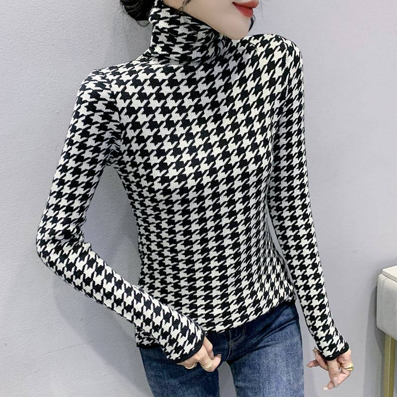 Western-style Houndstooth Knit Sweater Slim Thin High Neck Long Sleeve Sweater - TheWellBeing4All