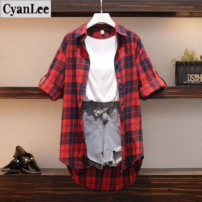 cotton plaid long blouse and vest denim shorts sets - TheWellBeing4All