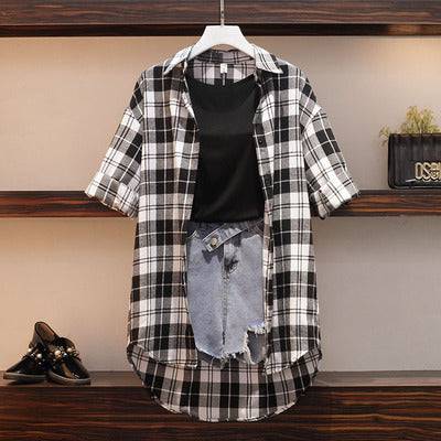 cotton plaid long blouse and vest denim shorts sets - TheWellBeing4All