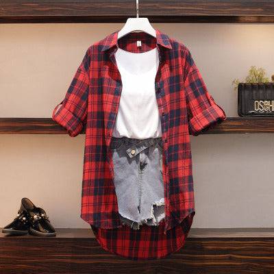 cotton plaid long blouse and vest denim shorts sets - TheWellBeing4All