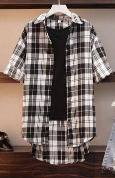 cotton plaid long blouse and vest denim shorts sets - TheWellBeing4All