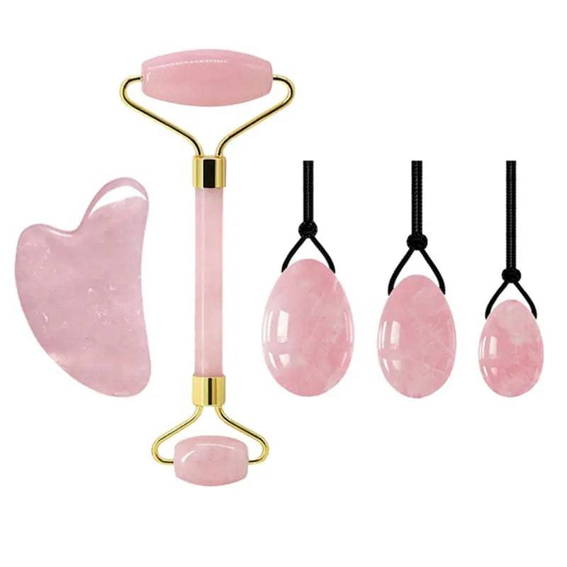 Jade Massage Roller GuaSha Scraper Yoni Egg Set Natural Rose Quartz Face Massage Roller Gouache Scraper Kegel Exercise Jade Ball - TheWellBeing4All