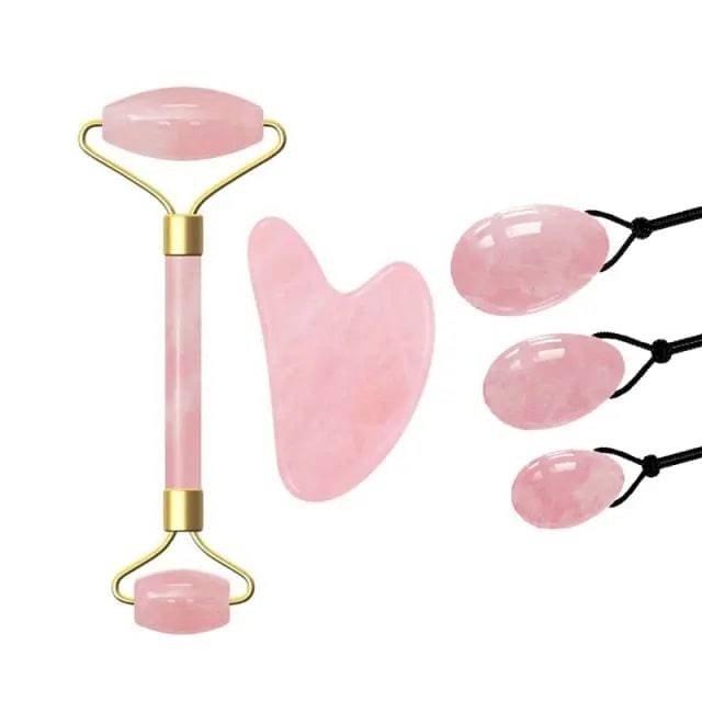 Jade Massage Roller GuaSha Scraper Yoni Egg Set Natural Rose Quartz Face Massage Roller Gouache Scraper Kegel Exercise Jade Ball - TheWellBeing4All