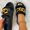 Plush Slippers Open Toe Solid Woman Comfort Middle Heel, Sandals Metal Chain Outdoor Casual Shoes - TheWellBeing4All