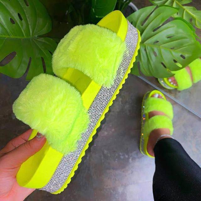 Slippers Rhinestone Wedges Fluffy Soft Furry Slides Outdoor Beach Luxury Sexy Shoes - TheWellBeing4All