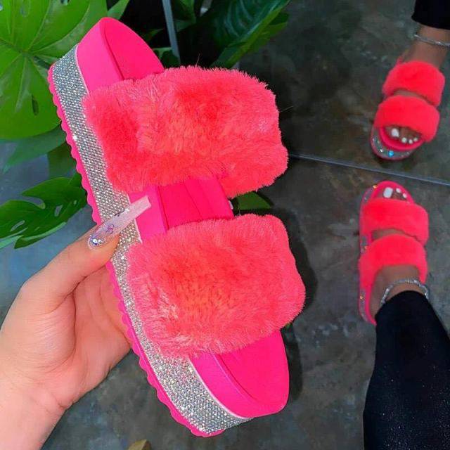 Slippers Rhinestone Wedges Fluffy Soft Furry Slides Outdoor Beach Luxury Sexy Shoes - TheWellBeing4All