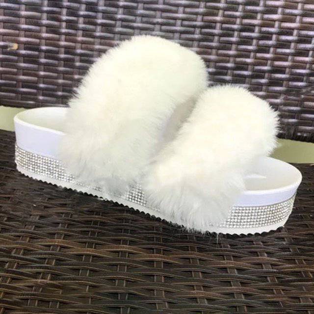 Slippers Rhinestone Wedges Fluffy Soft Furry Slides Outdoor Beach Luxury Sexy Shoes - TheWellBeing4All