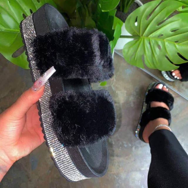 Slippers Rhinestone Wedges Fluffy Soft Furry Slides Outdoor Beach Luxury Sexy Shoes - TheWellBeing4All