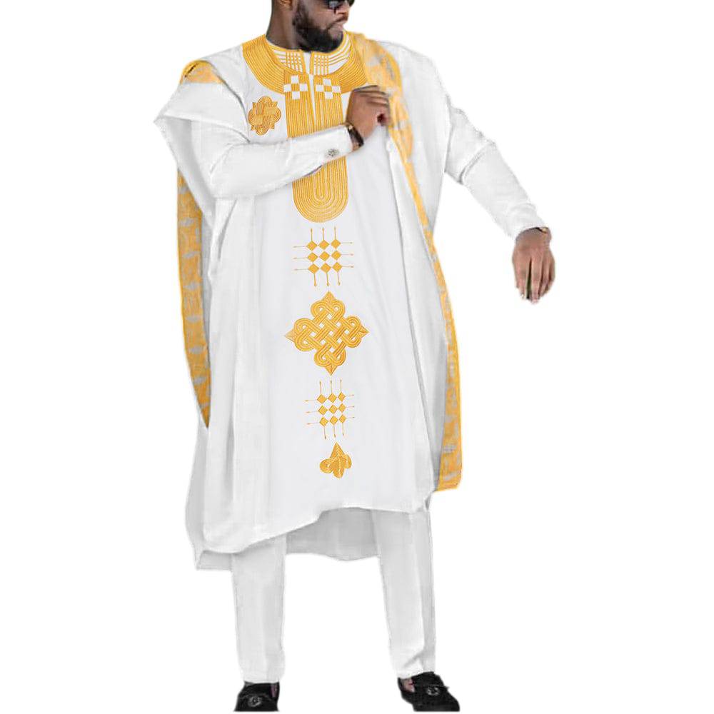 Gold Embroidery White Agbada Men African Traditional Clothes Outfit Cover Shirt Pants 3 PCS Suit - TheWellBeing4All