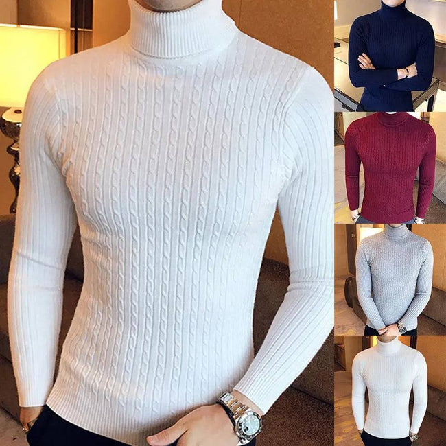 Turtle Neck Long Sleeve Twist Knitted Slim Sweater Men, Knitted Sweaters Pullover Men Knitwear - TheWellBeing4All