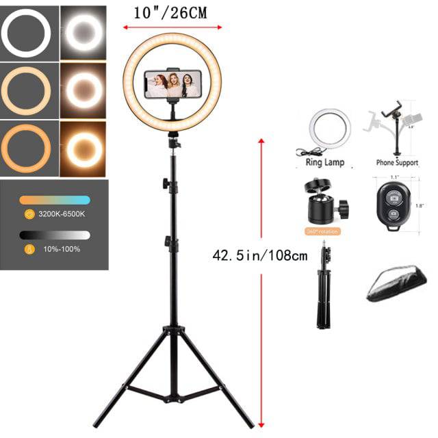 LED Selfie Ring Light Photography Video Light RingLight Phone Stand Tripod Fill Light Dimmable Lamp Trepied Streaming - TheWellBeing4All