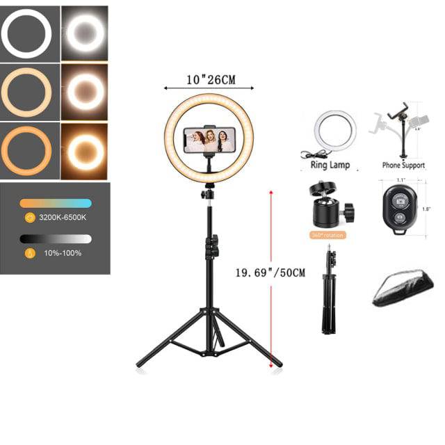 LED Selfie Ring Light Photography Video Light RingLight Phone Stand Tripod Fill Light Dimmable Lamp Trepied Streaming - TheWellBeing4All