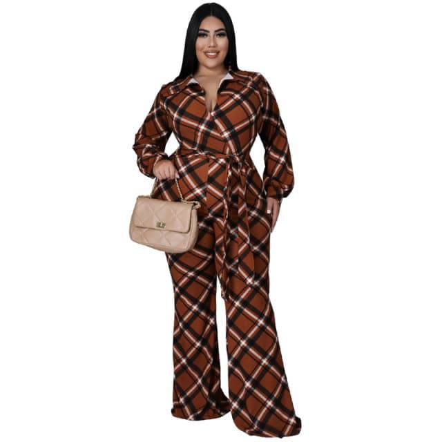 Jumpsuits Plaid Long Sleeve Jumpsuits with Belt Loose Pant for plus size women - TheWellBeing4All