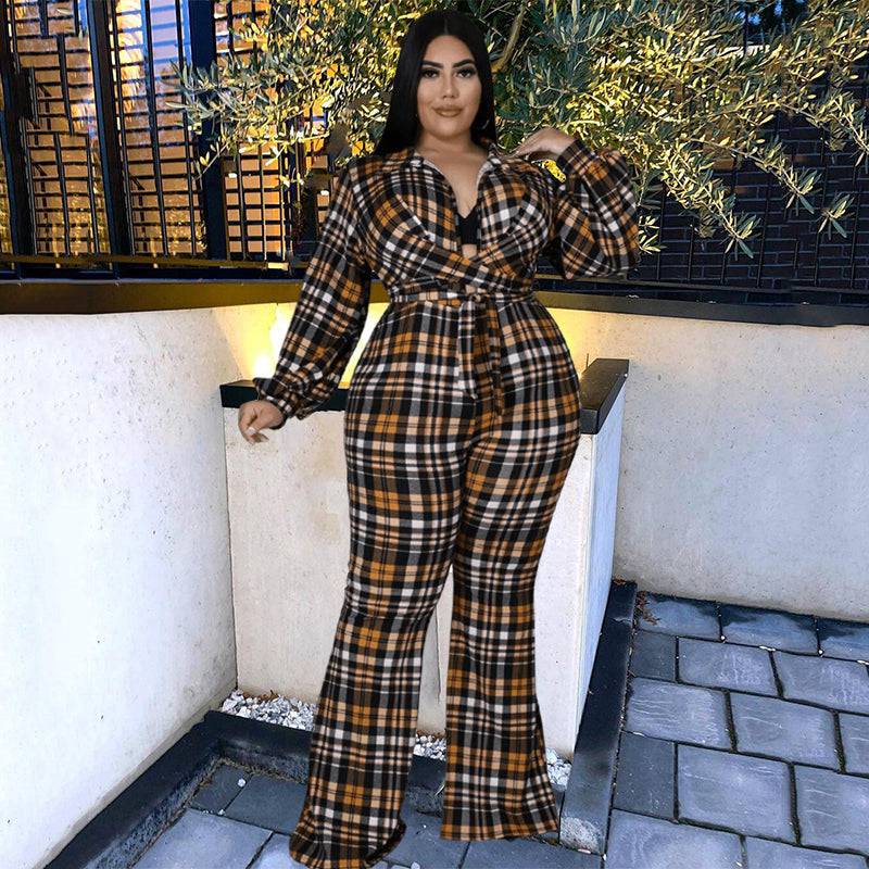 Jumpsuits Plaid Long Sleeve Jumpsuits with Belt Loose Pant for plus size women - TheWellBeing4All