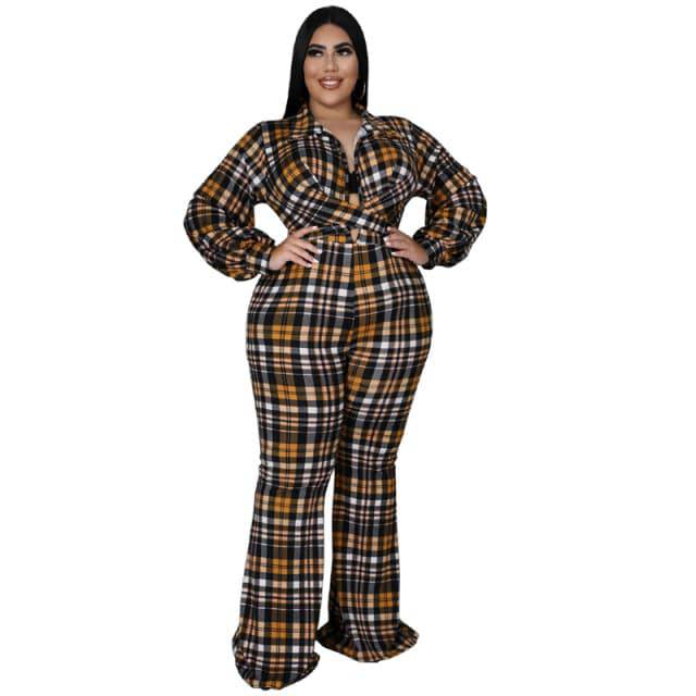 Jumpsuits Plaid Long Sleeve Jumpsuits with Belt Loose Pant for plus size women - TheWellBeing4All