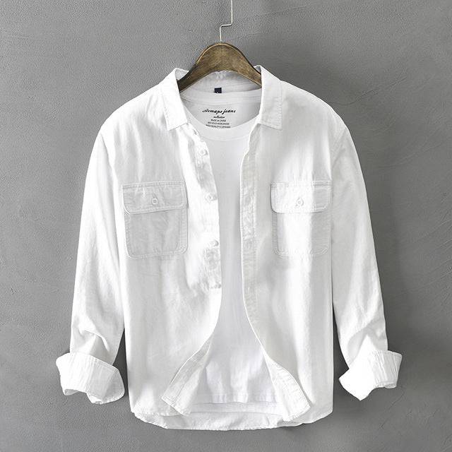 White Long Sleeve Shirt Pure Cotton Retro Style Button Up Pocket - TheWellBeing4All