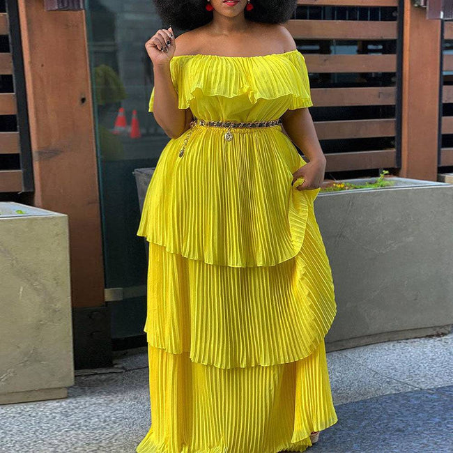 yellow off shoulder ruffles pleated dress - TheWellBeing4All