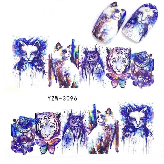 Nail Sticker Wolf Stickers Sliders,Sheets Geometric Animal Nail Art Stickers,Water Transfer Diamond Panda Wolf Deer Watercolor Ink Nail Sliders Design for Acrylic Nail Supplies,DIY Manicure Nail Art Decals Nail Decoration