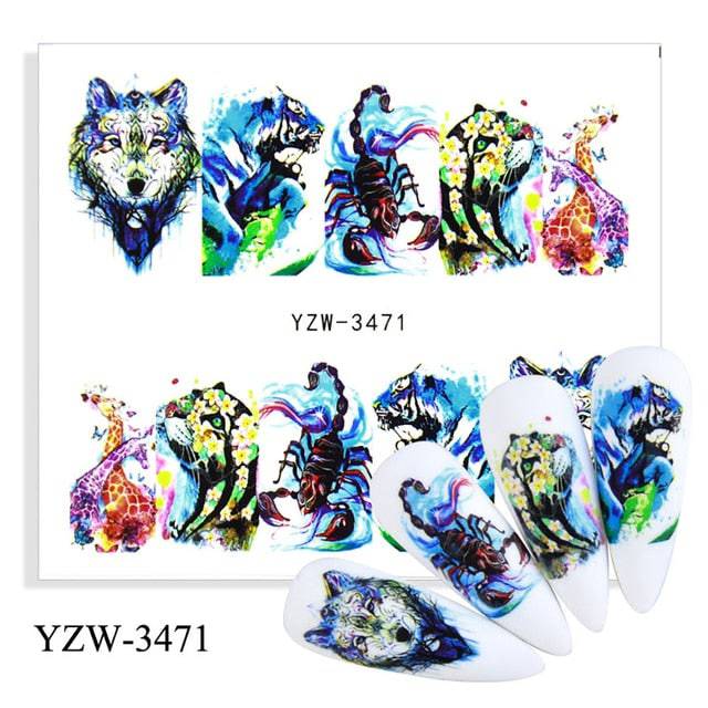 Nail Sticker Wolf Stickers Sliders,Sheets Geometric Animal Nail Art Stickers,Water Transfer Diamond Panda Wolf Deer Watercolor Ink Nail Sliders Design for Acrylic Nail Supplies,DIY Manicure Nail Art Decals Nail Decoration