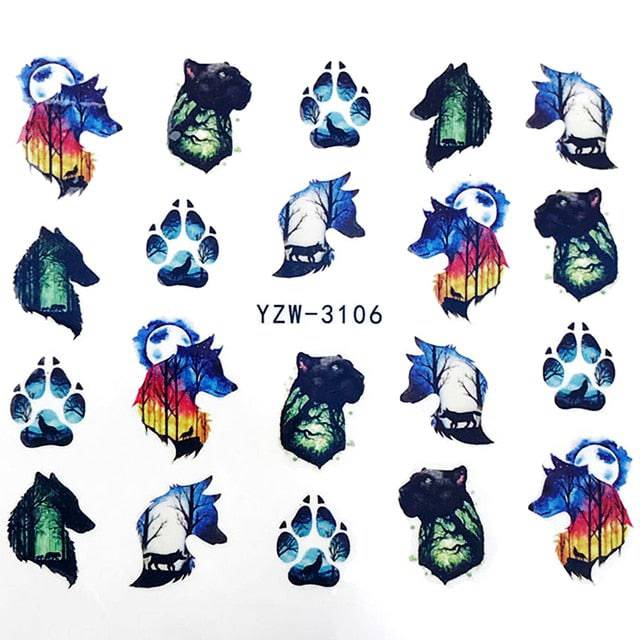 Nail Sticker Wolf Stickers Sliders,Sheets Geometric Animal Nail Art Stickers,Water Transfer Diamond Panda Wolf Deer Watercolor Ink Nail Sliders Design for Acrylic Nail Supplies,DIY Manicure Nail Art Decals Nail Decoration