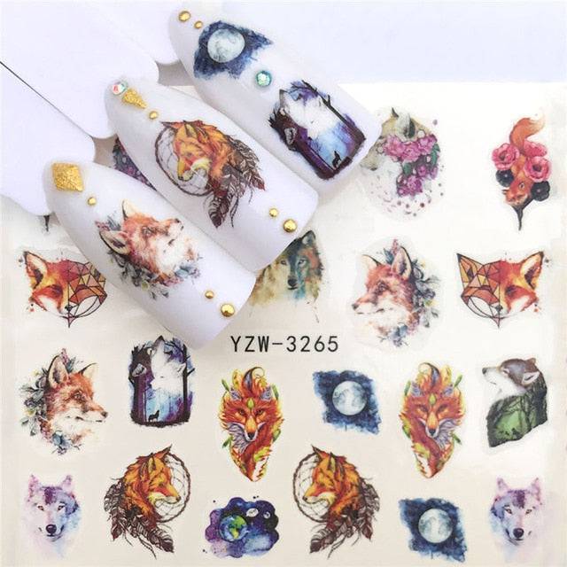 Nail Sticker Wolf Stickers Sliders,Sheets Geometric Animal Nail Art Stickers,Water Transfer Diamond Panda Wolf Deer Watercolor Ink Nail Sliders Design for Acrylic Nail Supplies,DIY Manicure Nail Art Decals Nail Decoration