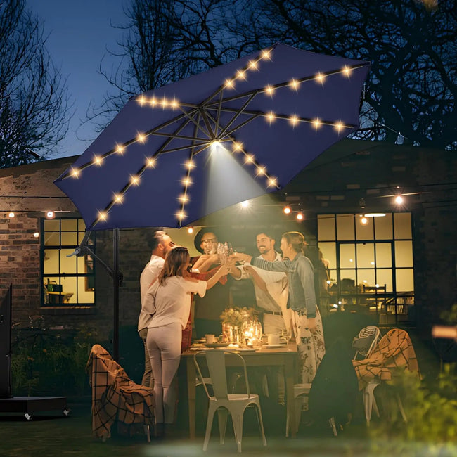 10ft Solar LED Offset Patio Umbrella – Hurricane-Proof Cantilever Design with 32+1 Lights, SPF 50+ UV Protection & Stand Included