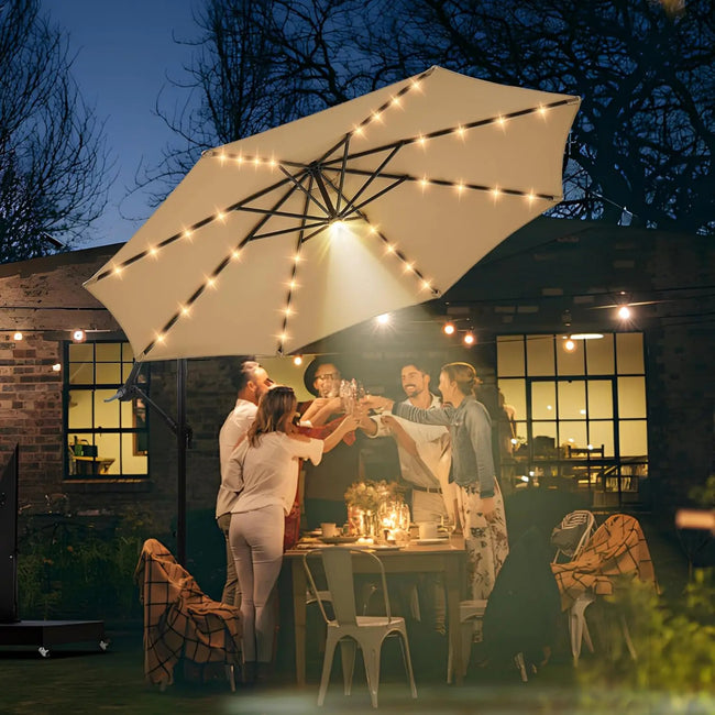 10ft Solar LED Offset Patio Umbrella – Hurricane-Proof Cantilever Design with 32+1 Lights, SPF 50+ UV Protection & Stand Included