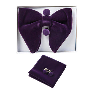 Ricnais Velvet Big Bow Tie Men's Bowties Pocket Square Cufflinks Set Solid Red Blue Handkerchief Necktie - TheWellBeing4All