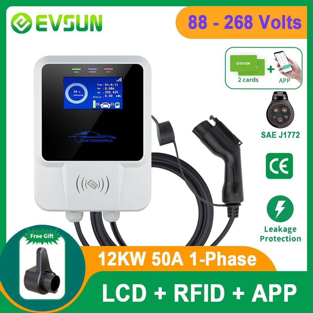 EV Charger Type 1 12KW 50A 110V 220V 1 Phase Electric Vehicle Charging Station Wallbox with SAE J1772 Plug - TheWellBeing4All