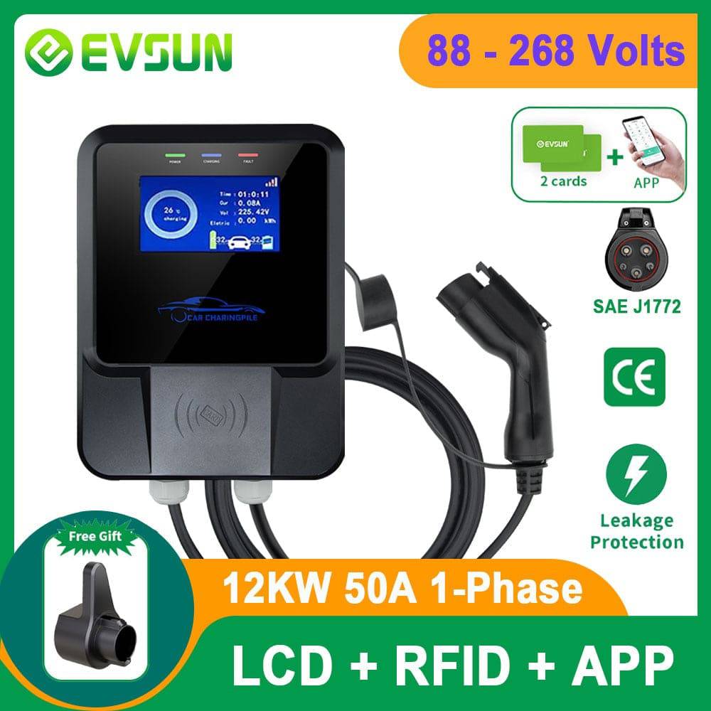 EV Charger Type 1 12KW 50A 110V 220V 1 Phase Electric Vehicle Charging Station Wallbox with SAE J1772 Plug - TheWellBeing4All