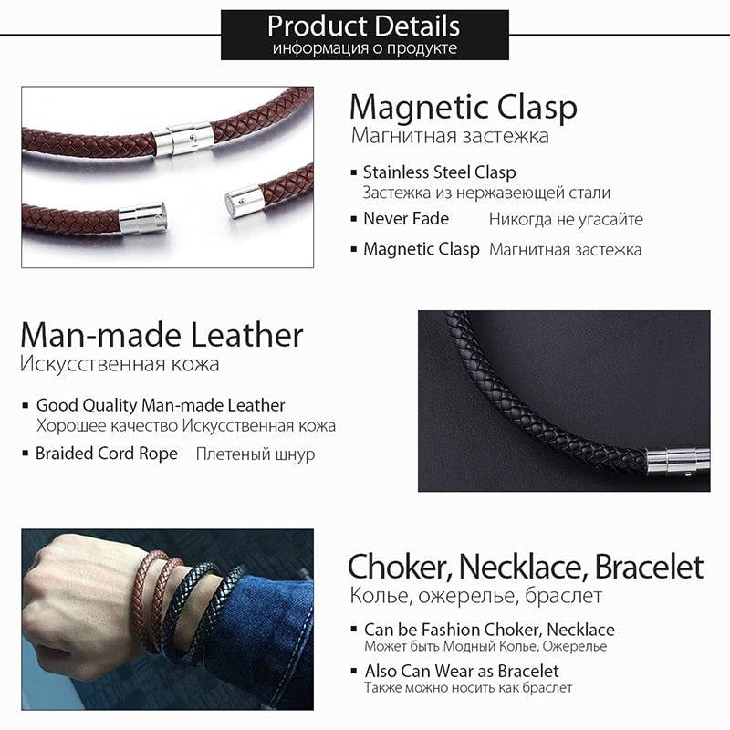 Men's Leather Choker Brown Black Braided Rope Chain Necklace For Men Boys Stainless Steel Clasp Male Jewelry - TheWellBeing4All