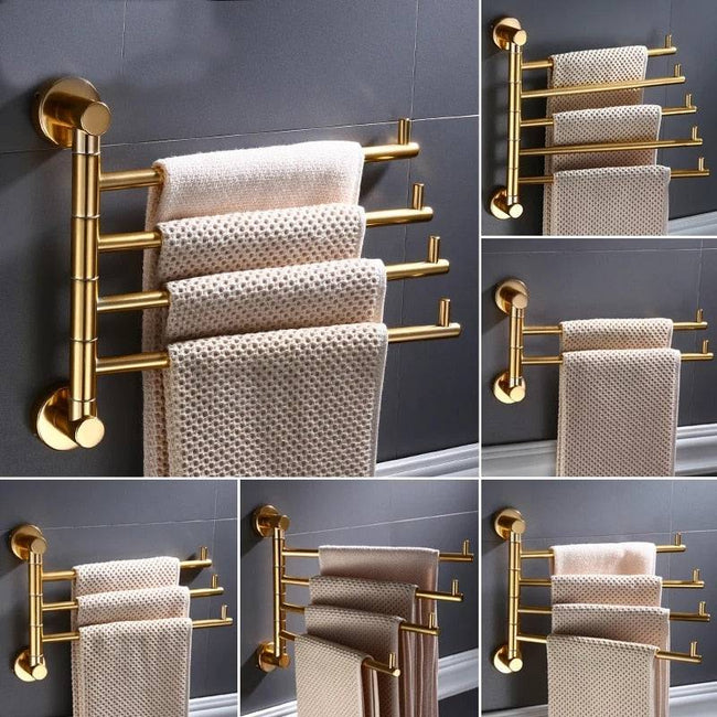 European Golden Aluminum Alloy Rotating Towel Rack Bathroom Rail Hanger Brass Towel Holder Swivel Bars L Wall Mounted 35cm - TheWellBeing4All