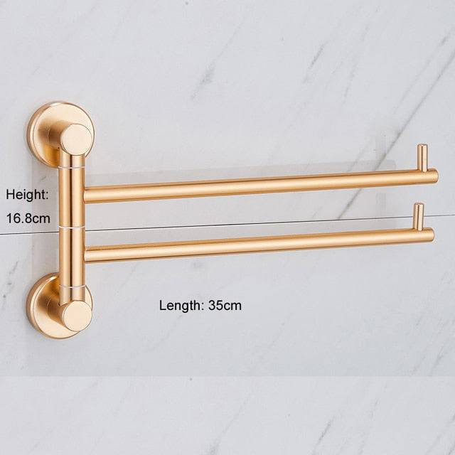 European Golden Aluminum Alloy Rotating Towel Rack Bathroom Rail Hanger Brass Towel Holder Swivel Bars L Wall Mounted 35cm - TheWellBeing4All