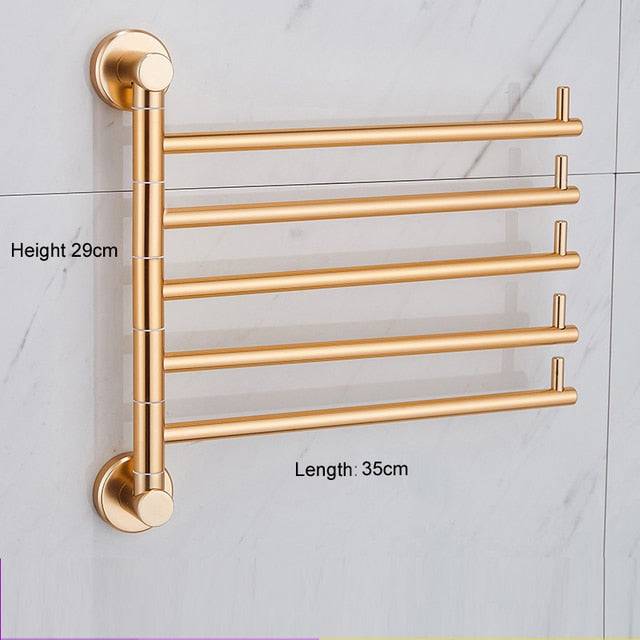 European Golden Aluminum Alloy Rotating Towel Rack Bathroom Rail Hanger Brass Towel Holder Swivel Bars L Wall Mounted 35cm - TheWellBeing4All