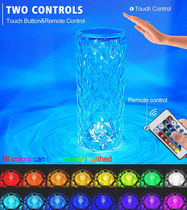 Crystal Table Lamp Rose Light Projector Diamond Atmosphere Light USB Bedroom Touch Night Light - TheWellBeing4All