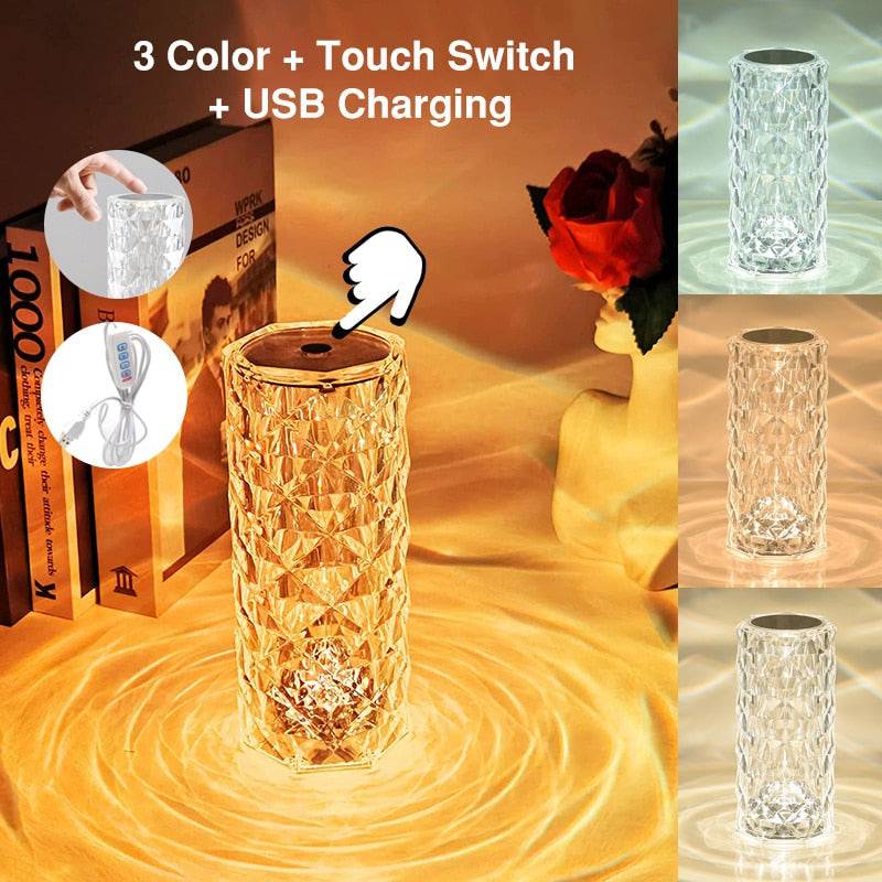 Crystal Table Lamp Rose Light Projector Diamond Atmosphere Light USB Bedroom Touch Night Light - TheWellBeing4All