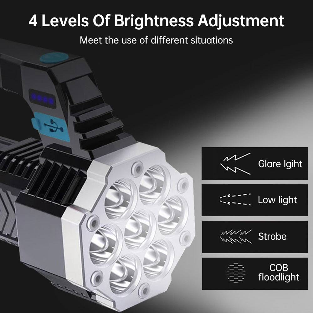 High Power LED Flashlight Powerful USB Rechargeable Torch Handheld Portable Built-in Battery COB 7 LED Flashlights - TheWellBeing4All