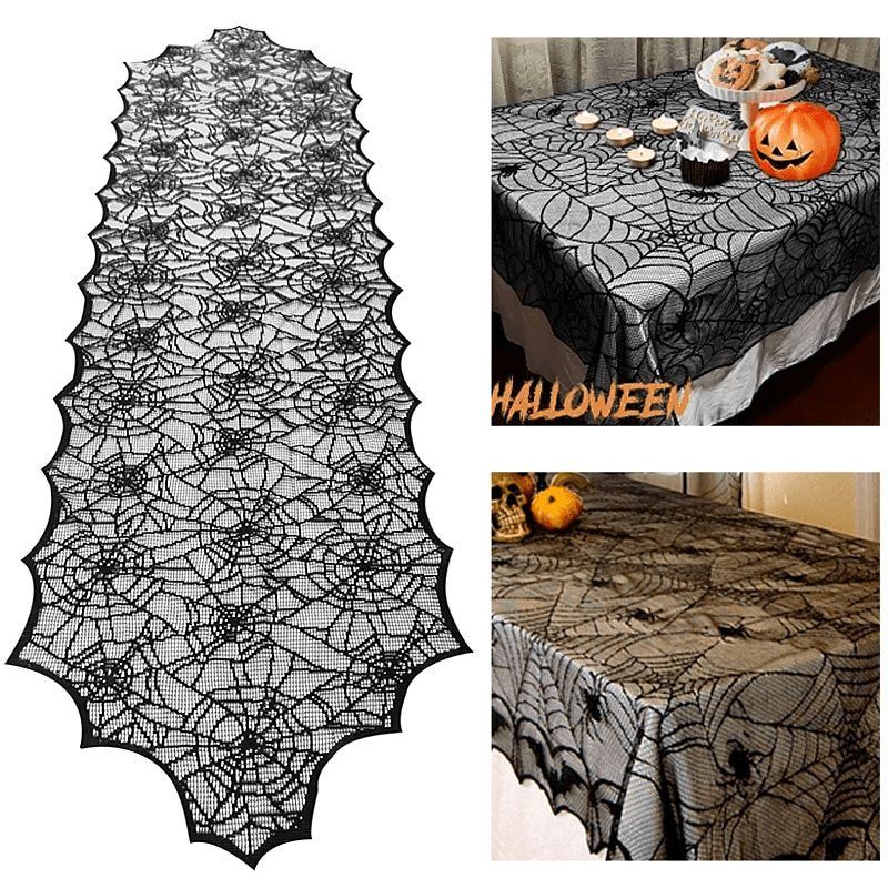 Halloween Lace Tablecloth with Spider Web, Skeleton, and Skull Design - Perfect for Event Parties and Fireplace Mantel Decor