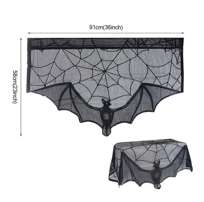 Halloween Lace Tablecloth with Spider Web, Skeleton, and Skull Design - Perfect for Event Parties and Fireplace Mantel Decor