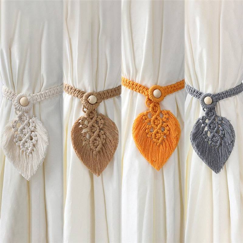 Bohemian Hand-Woven Curtain Strap Tie Rope Simple Tassel Leaf Wooden Bead Curtain Tie Rope Decoration, Curtain Buckle Ornaments - TheWellBeing4All